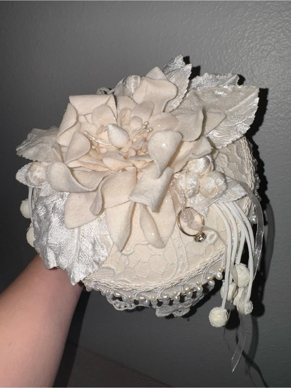 Ivory Ring bearer beaded lace pillow.